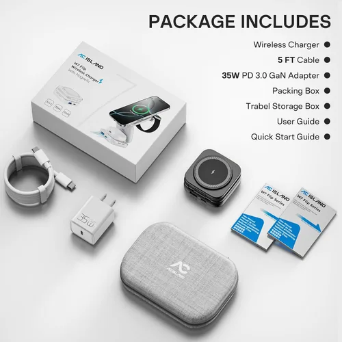 Vista 8 de Cargador inalámbrico 5 en 1 para MagSafe, estación de carga de viaje portátil AC ISLAND de 35 W, soporte magnético plegable rápido Qi2 de 35 W