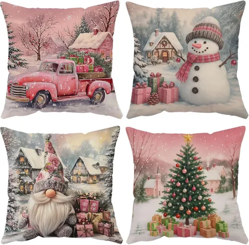 Vista 10 de Juego de 4 fundas de almohada de Navidad de 12 x 12 pulgadas, fundas de almohada de terciopelo de Navidad, fundas de almohada doradas y rojas