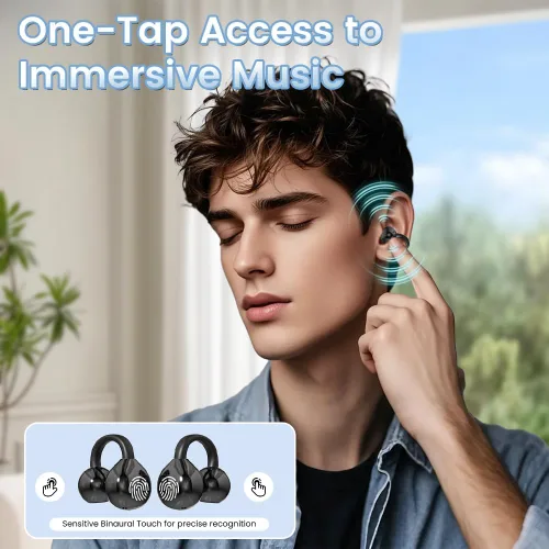 Vista 3 de Auriculares inalámbricos Bluetooth 5.4 con clip, con micrófono, reproducción de 60 horas, cancelación de ruido, impermeables, deportivos, cómodos