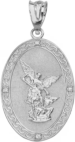 Vista 2 de Collar de plata de ley con medalla ovalada de San Miguel Arcángel CZ (1")