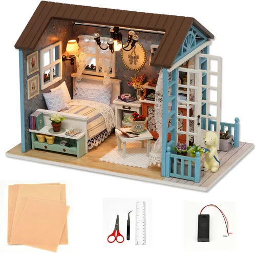 Vista 2 de Kit de casa de muñecas en miniatura para bricolaje, casa de muñecas de madera realista en miniatura 3D, habitación de casa de muñecas con muebles