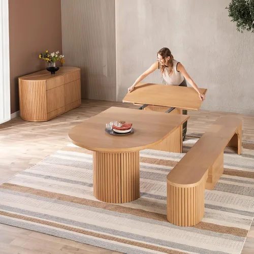 Vista 25 de Transformer Table - Mesa de comedor redonda extensible de madera maciza, mesa de comedor redonda extensible, muebles modernos que ahorran espacio