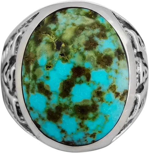Vista 2 de Size 12-925 Sterling Silver Oval Sierra Nevada Turquoise Cabochon Ring, Southwestern Thunderbird Design, Statement High Polish Gemstone Band