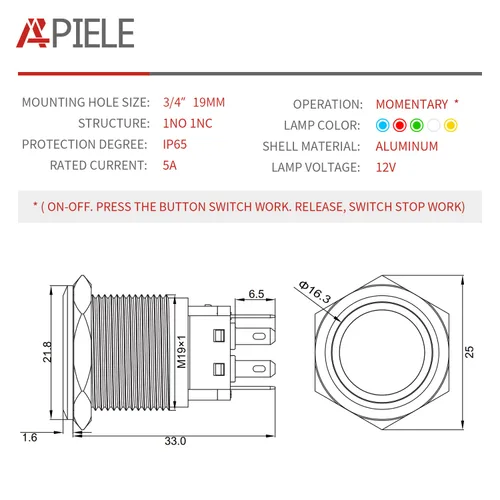 Vista 2 de APIELE Interruptor momentáneo de botón de encendido y apagado de 0.748 in de aleación de aluminio con cabezal de ojo de ángel LED de 12 V