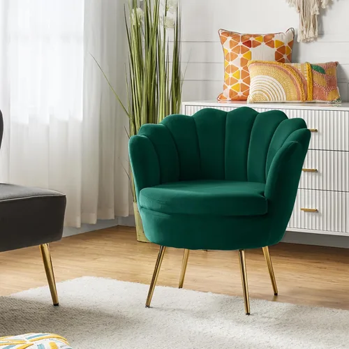 Vista 47 de HULALA HOME Silla decorativa moderna de terciopelo con respaldo en forma de concha, bonito sillón para sala de estar, dormitorio con patas doradas