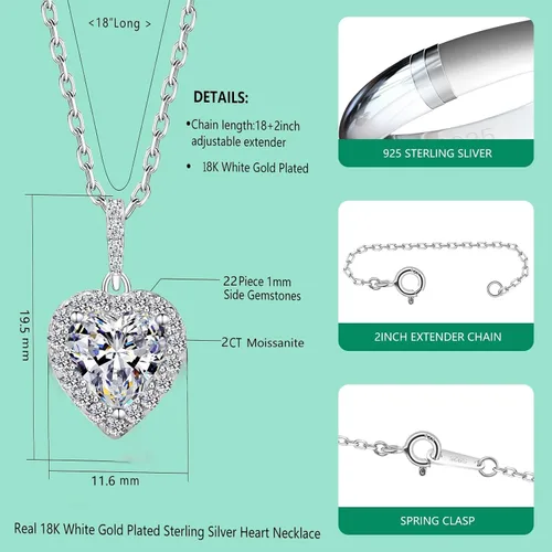 Vista 2 de Diamond Heart Necklace for Women,1-2 Carat Moissanite Love Halo Pendant Chain,Sterling Silver Lab Created Simulated Diamond Heart Jewelry Gift for