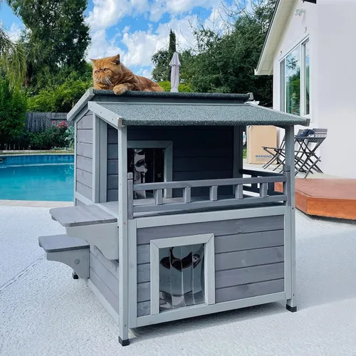 Vista 9 de Aivituvin Casa de gatos al aire libre resistente a la intemperie con dos pisos, refugio para gatos salvajes con puertas de escape, madera maciza