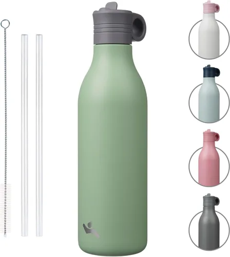 Vista 9 de Konokyo Botella de agua de acero inoxidable de 12 onzas con popote, botella de agua de viaje de metal aislada, reutilizable y a prueba de fugas, sin
