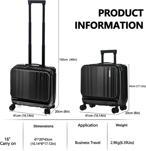Vista 3 de TydeCkare Equipaje de mano de 16" con 2 compartimentos para portátil, Negro, 16 pulg., Negocios
