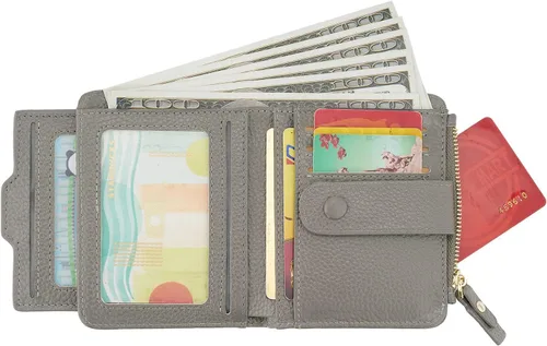 Vista 2 de Mini cartera plegable de cuero suave con protección RFID, para mujer, con funda para tarjeta, con ventana de identificación, monedero