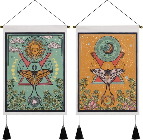 Vista 8 de Paquete de 2 tapices de sol y luna, tapiz blanco y negro con diseño de vid de flores, para colgar en la pared para habitación (13.8 x 19.7 pulgadas)