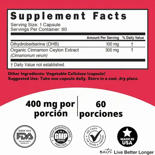 Vista 6 de Nutri Dihydroberberine 100mg con canela de Ceilán orgánica - 60 cápsulas