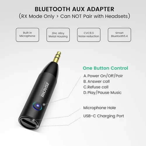 Vista 4 de Adaptador auxiliar Bluetooth 5.4 para automóvil, receptor
