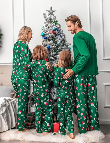 Vista 5 de Ekouaer Conjunto de pijama de Navidad familiar a juego para mujeres, hombres, niños, pijamas de manga larga, ropa de dormir para vacaciones
