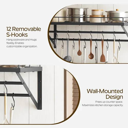 Vista 4 de YATINEY Estante para ollas, estante de pared de 30 pulgadas, organizador de ollas y sartenes de cocina con rieles colgantes de 2 niveles, 12 ganchos