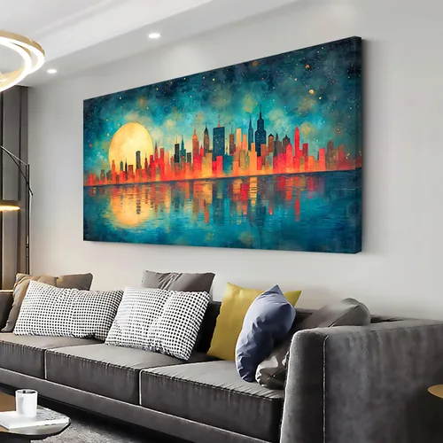 Vista 15 de GAFSING Lienzo decorativo para pared, diseño de luna dorada, paisaje urbano, impresiones en lienzo abstracto, pintura artística, imagen, decoración