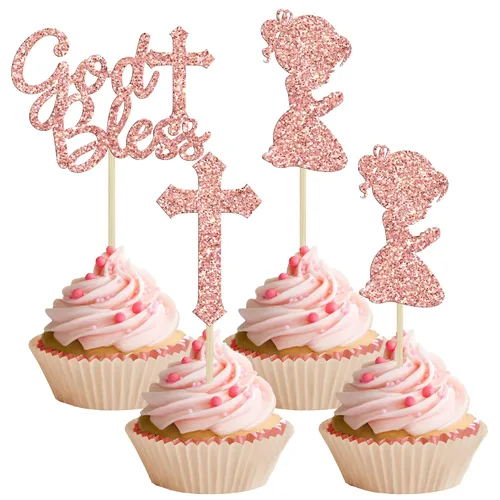 Vista 11 de Gyufise 24 decoraciones doradas para cupcakes con purpurina de Dios bendiga y cruz para baby shower, decoración para baby shower, fiesta