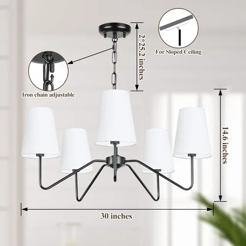 Vista 3 de Candelabro moderno de 5 luces de 30 pulgadas con pantallas blancas, lámpara colgante clásica para comedor, lámpara negra con base E12 lámpara