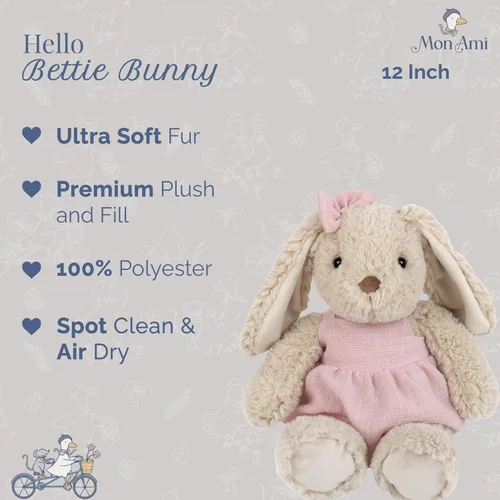 Vista 2 de MON AMI Bettie Bunny - Animal de peluche para niños pequeños, juguete de peluche de conejo suave de 12 pulgadas en vestido rosa con lazo, peluche