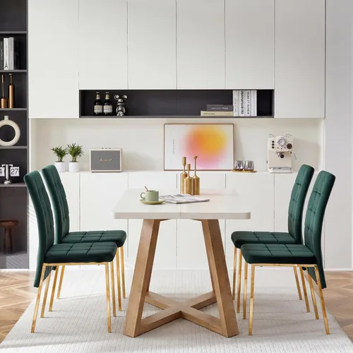Vista 16 de Howtek Juego de mesa de comedor rectangular para 4, moderno de mediados de siglo con 4 sillas de cocina de terciopelo tapizado negro, juego de mesa