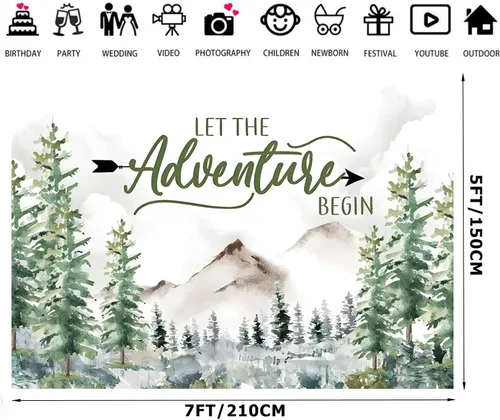 Vista 2 de Decoración de baby shower de bosque de 7 x 5 pies, telón de fondo de aventura espera telón de fondo Let The Adventure Begin Banner F73