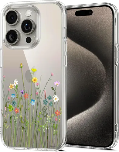 Vista 15 de Unov for iPhone 15 Case, Clear with Design, Slim Fit Good Grip, Embossed Phone Case, Shockproof Protective Cover, Raised Camera Protection, Soft