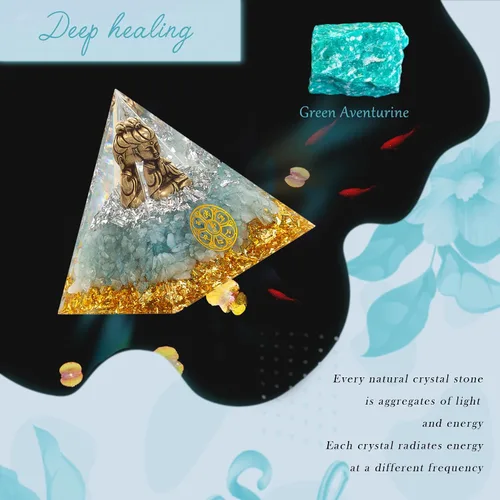 Vista 6 de FENGSHUI-CAISHEN Pequeña estatua de Guan Yin en pirámide de orgón de cristal curativo, aventurina verde con figura de Quan Yin, decoración
