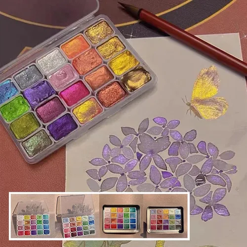 Vista 2 de Juego de pintura de acuarela de 20 colores, juego de pintura de acuarela metálica, pintura de acuarela nacarada, pintura de acuarela con purpurina