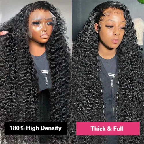 Vista 2 de Pelucas de cabello humano ondulado profundo con encaje frontal de 13 x 4, densidad del 180 %, pelucas de cabello humano rizado con encaje frontal