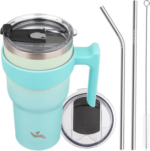 Vista 50 de Konokyo - Vaso de 10 onzas con asa y 2 popotes, 2 tapas, botella de agua aislada de acero inoxidable, taza de viaje reutilizable, color verde militar