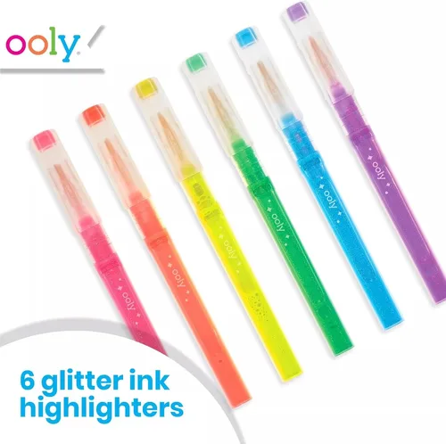 Vista 2 de OOLY Oh My Glitter - Resaltadores de tinta líquida con purpurina de neón, juego de 6 rotuladores con punta de cincel, sin ácidos, a partir de 8 años