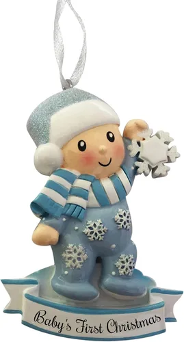 Vista 2 de Adorno personalizado para bebé niño en pijama con copo de nieve 2024, adorno para primer árbol de Navidad, decoración artesanal personalizada