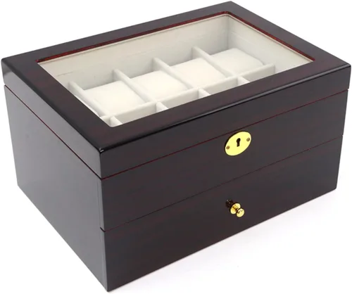Vista 6 de LOYALHEARTDY Caja de reloj de madera de 20 ranuras, joyería y reloj de exhibición Oraorganization de 2 capas soporte de reloj de madera