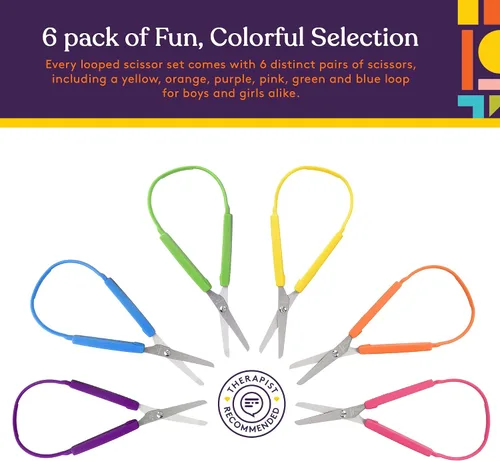 Vista 3 de Special Supplies Tijeras de bucle para adolescentes y adultos de 8 pulgadas (paquete de 6) con bucles coloridos, diseño adaptativo, soporte derecho