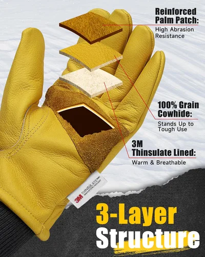 Vista 2 de DULFINE Winter Insulated Cowhide Leather Work Gloves for Men and Women 1 Pair, Thermal 3M Thinsulate Lining, Ideal for Cold Weather Outdoor Work