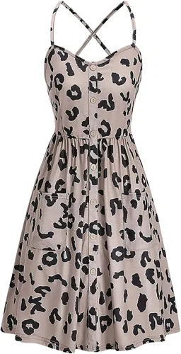 Vista 4 de Ashowlaco Vestidos casuales de verano para mujer, cuello en V, tirantes delgados, vestido midi bohemio, vestido con vuelo y bolsillo