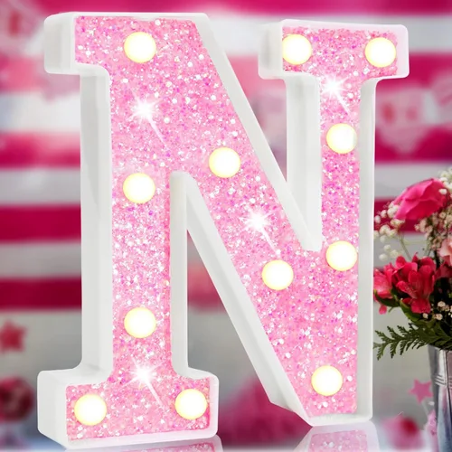 Vista 28 de Letras rosas iluminadas con purpurina, letras del alfabeto rosas, letreros de luces LED en marquesina rosas con batería para iluminación nocturna