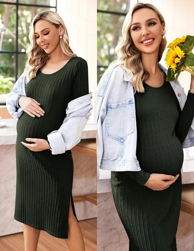 Vista 2 de Ekouaer Maternity Dress Rib Knit Long Sleeve Side Slit Bodycon Dresses Pregnancy Baby Shower Clothes S-XXL