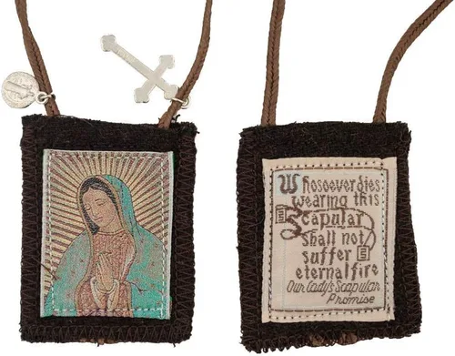 Vista 4 de Venerare Figura Santa Católica Escapulario de San 100% lana Viene con papeles de inscripción (ur Lady of Guadalupe Escapular (fondo dorado))