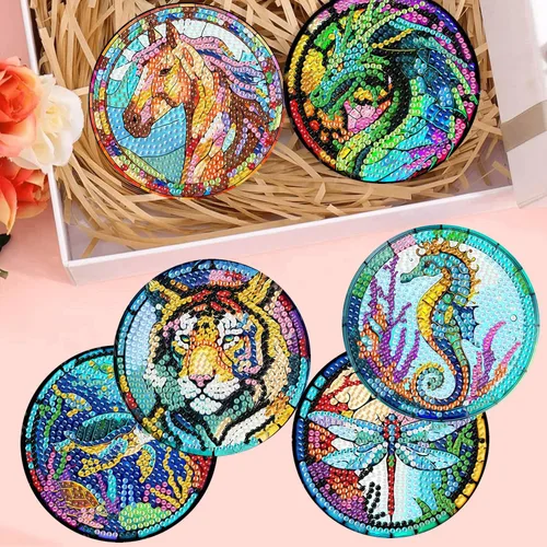 Vista 4 de Meothan Juego de 8 posavasos de arte de diamante para adultos con soporte, almohadillas de corcho, posavasos de arte de puntos de diamante de vidrio