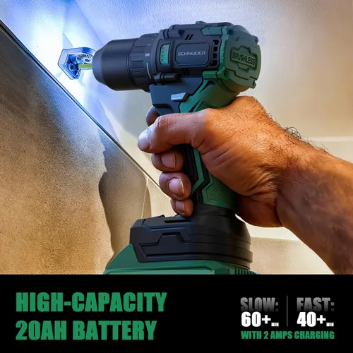 Vista 6 de Taladro inalámbrico máximo de 20 V, sin escobillas, 70 N·m, taladro eléctrico de 1/2 pulgada, 2 velocidades, 2 baterías y cargador incluido