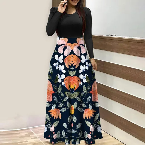 Vista 2 de SKDOGDT Vestidos largos de talla grande para mujer, de verano, casual, manga larga, floral, cuello redondo, vestido de cintura alta