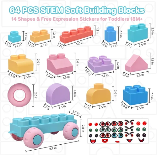 Vista 6 de Bloques de construcción suaves de 64 piezas para niños pequeños de 1 a 3 Colores Macaron