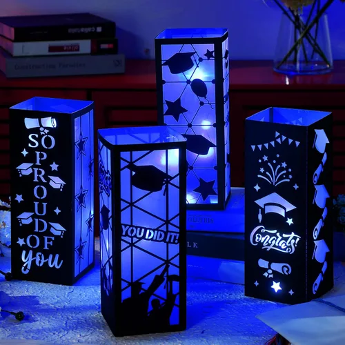 Vista 2 de Feifeiya 4 piezas de centros de mesa de graduación 2026, faroles de mesa de graduación de clase 2026 con tira de luces LED para felicitaciones, Azul
