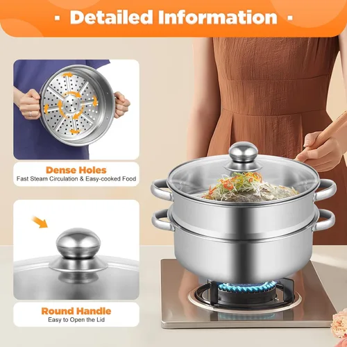 Vista 4 de Vaporizador de 10.2 in/10.24 pulgadas, olla de vapor de acero inoxidable de 5 niveles con tapa de vidrio transparente y asas, olla de vapor redonda