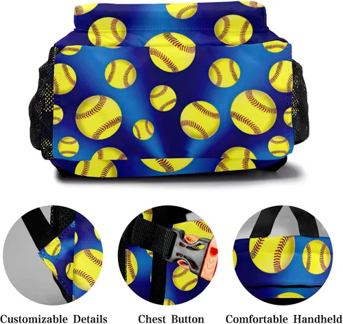 Vista 5 de Mochila unisex de sóftbol azul amarillo con nombre personalizado para niños personal de oficina diario Personalizado 1 Mochilas Daypack
