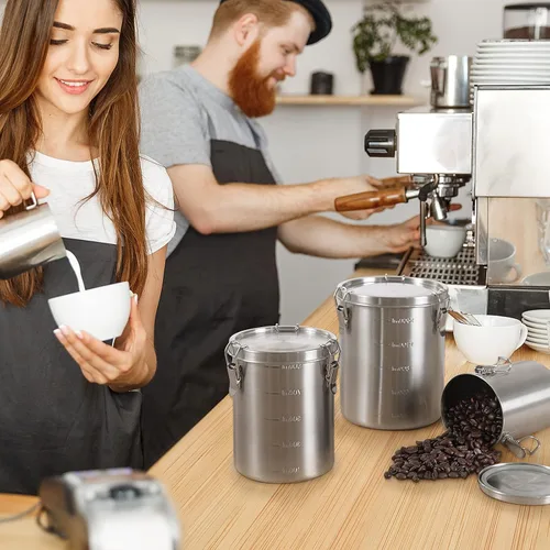 Vista 6 de Tanjiae Recipiente de café de acero inoxidable 100% hermético de metal con tapa sellada, mantiene los granos de café, azúcar y té frescos durante