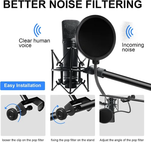 Vista 4 de Suuntok - Filtro de pop para micrófono para Blue Yeti y otros micrófonos, pantalla de viento de doble capa con clip de cuello de ganso flexible