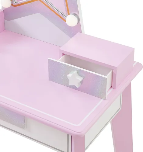 Vista 9 de Teamson Kids Juego de tocador de estrellas con luces LED para niñas, mesa de maquillaje rosa de 2 piezas para niños con espejo, 3 cajones