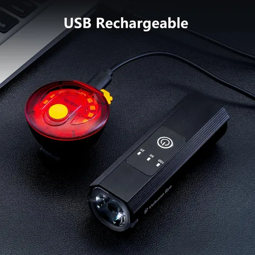 Vista 3 de Juego de luces de bicicleta recargable por USB, potente combinación de faros y luces traseras para bicicleta, 5 modos de luz, fácil de instalar